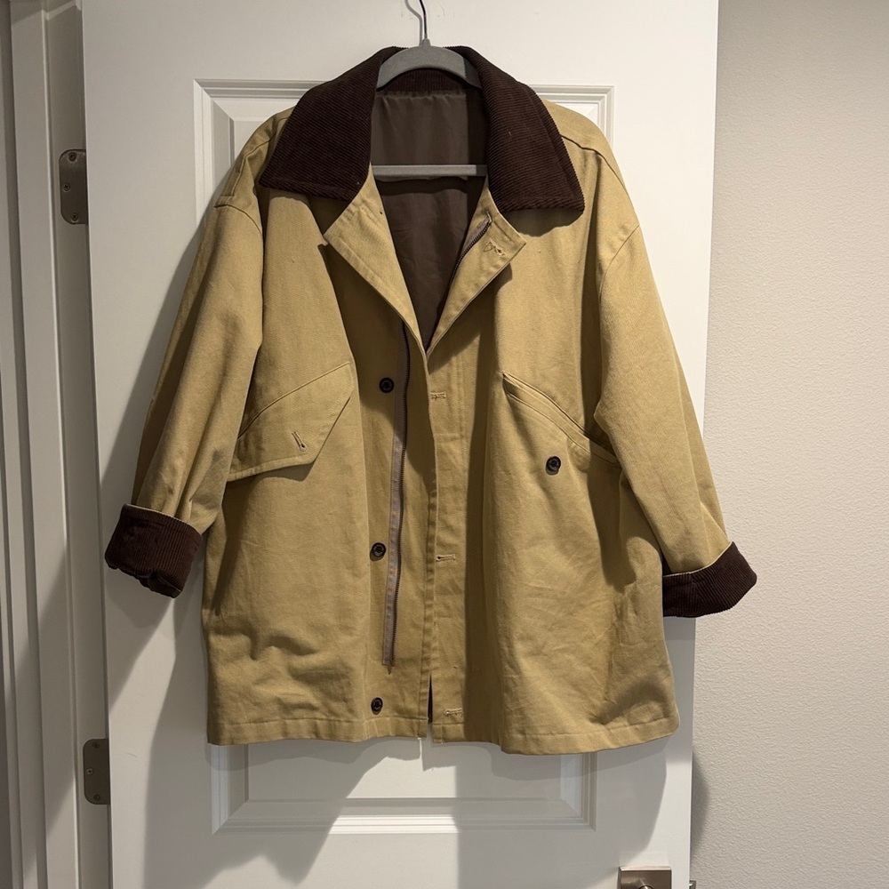Women's Oversized Tan Jacket with Brown Accents